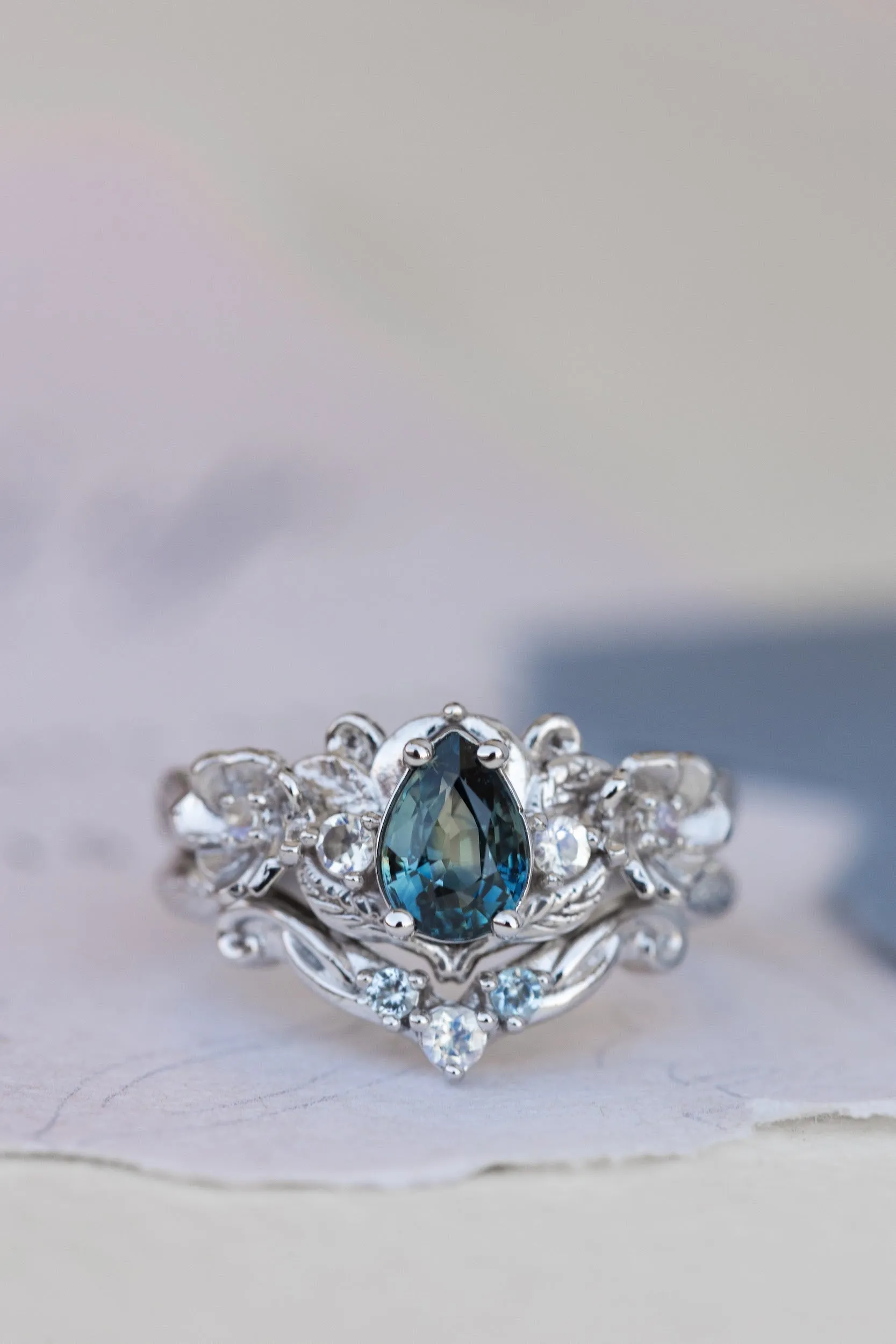 Teal sapphire and accent moonstones engagement ring, floral baroque style ring / Adelina