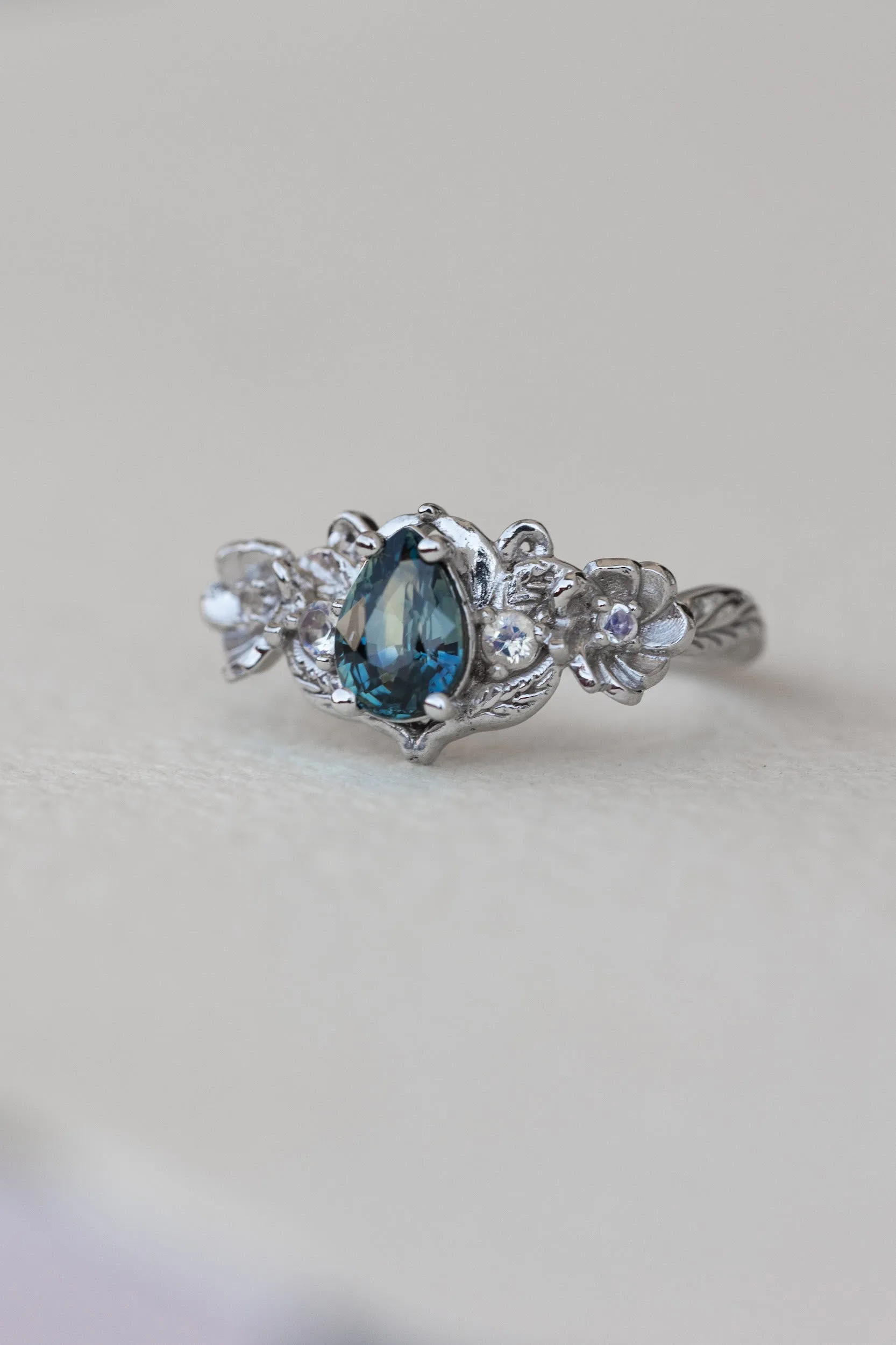 Teal sapphire and accent moonstones engagement ring, floral baroque style ring / Adelina