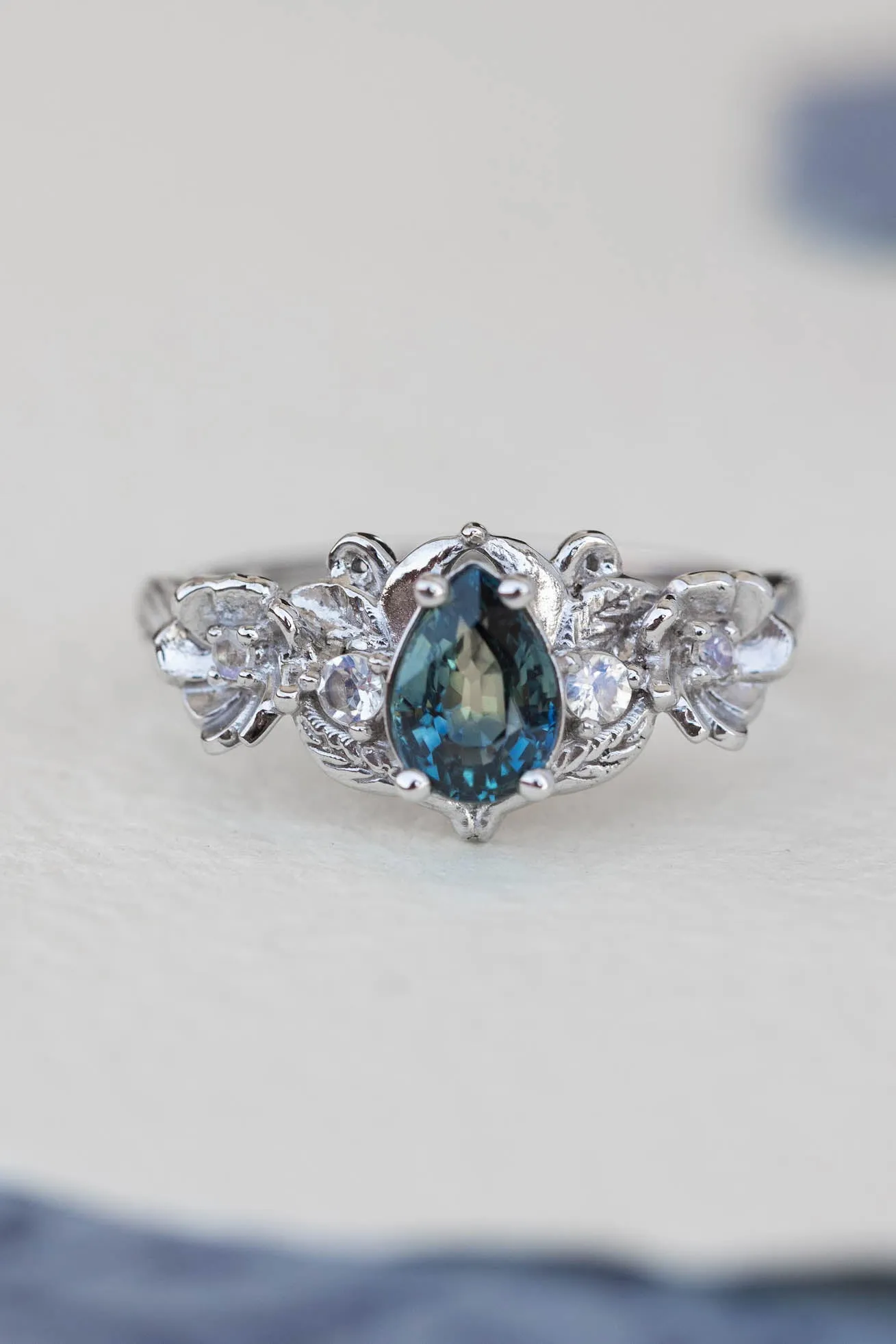 Teal sapphire and accent moonstones engagement ring, floral baroque style ring / Adelina