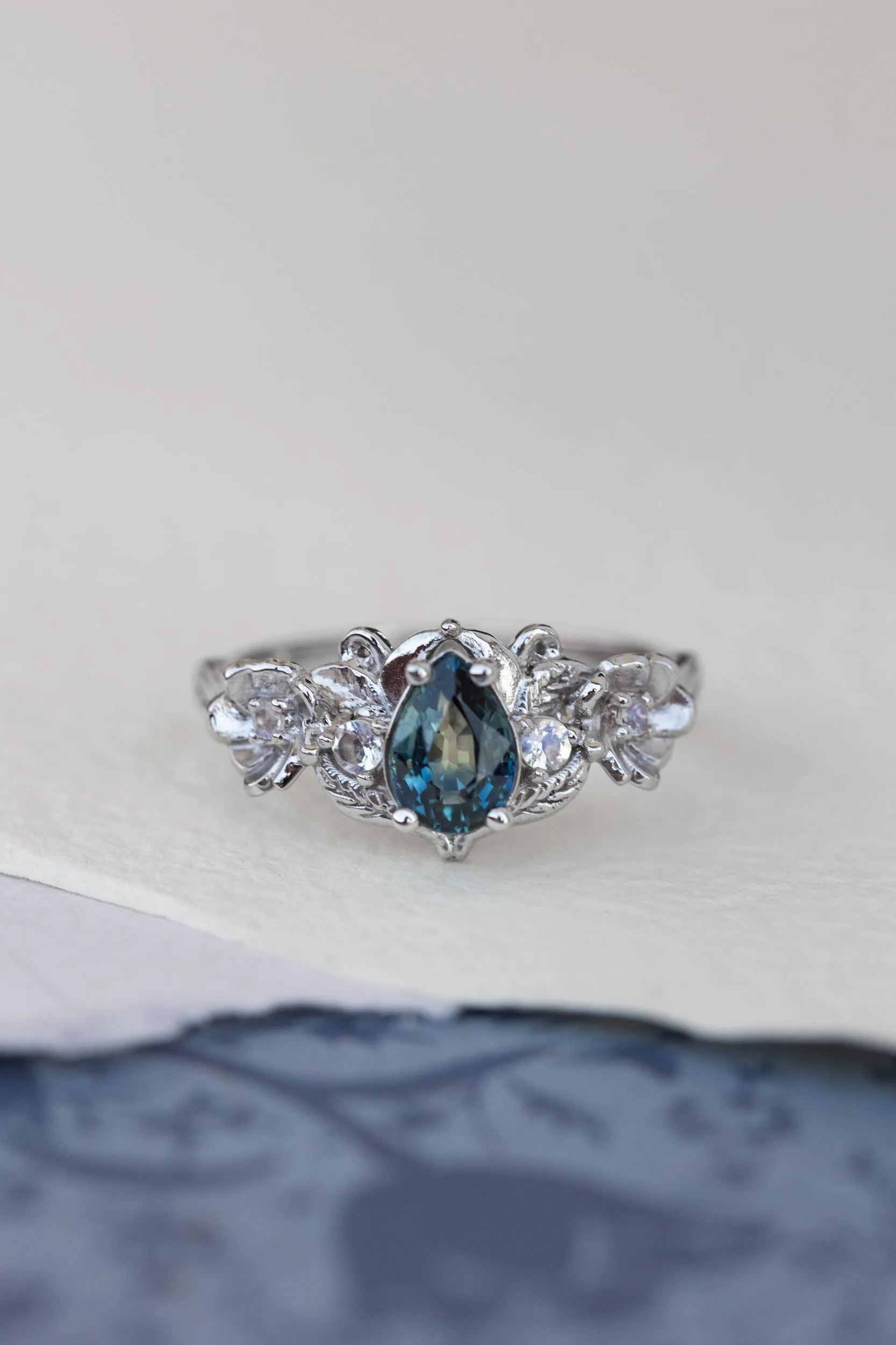 Teal sapphire and accent moonstones engagement ring, floral baroque style ring / Adelina