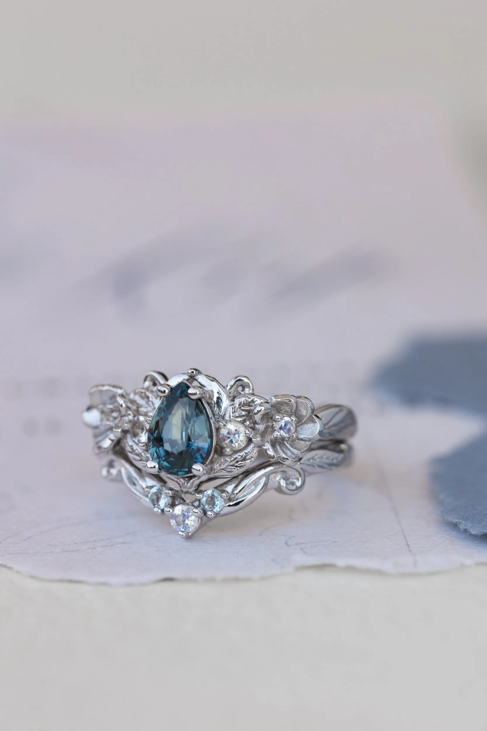 Teal sapphire and accent moonstones engagement ring, floral baroque style ring / Adelina