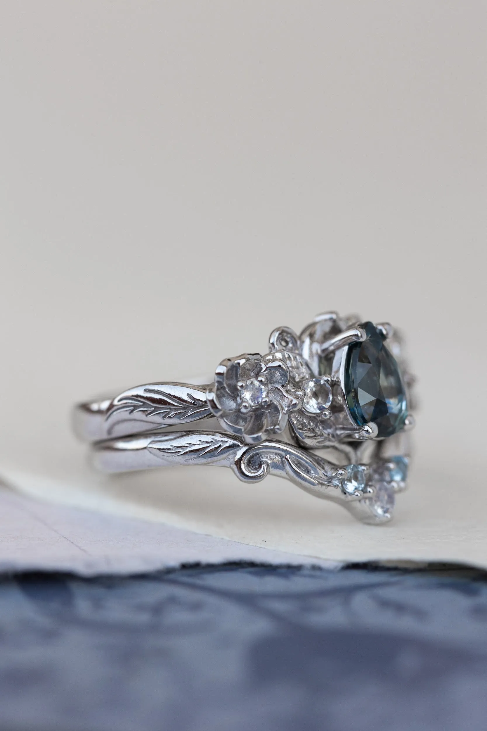 Teal sapphire and accent moonstones engagement ring, floral baroque style ring / Adelina