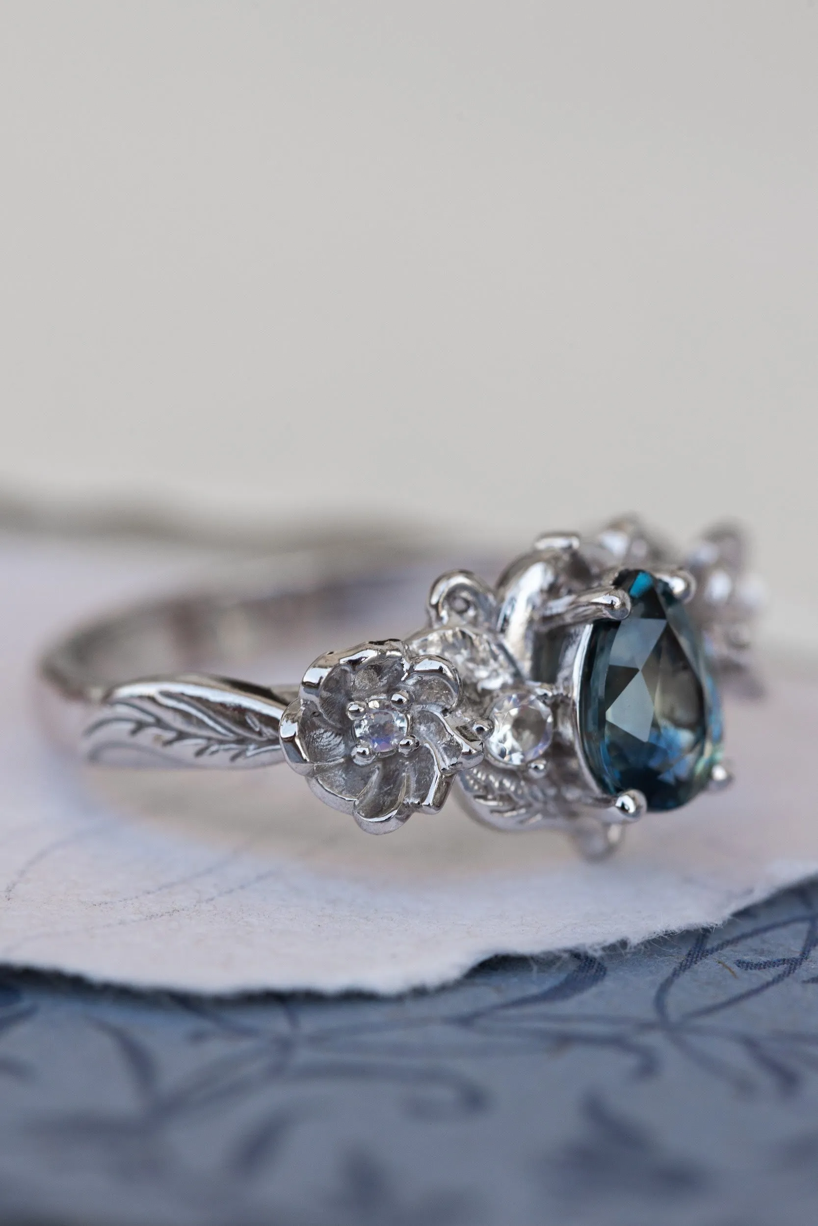 Teal sapphire and accent moonstones engagement ring, floral baroque style ring / Adelina