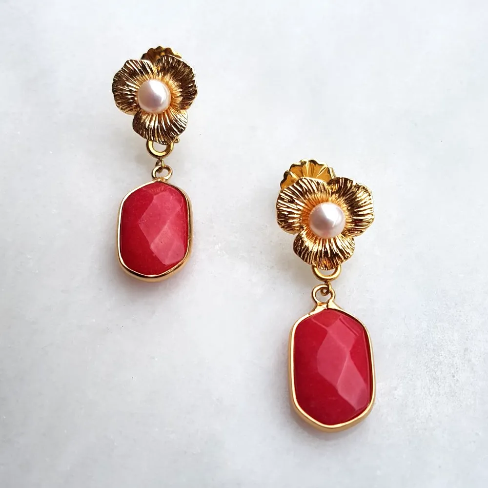 Textured Petals with Red Jade Brass Stud Earrings