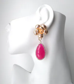 Textured Rose Stud with Haloed Hot Pink Jade Earrings