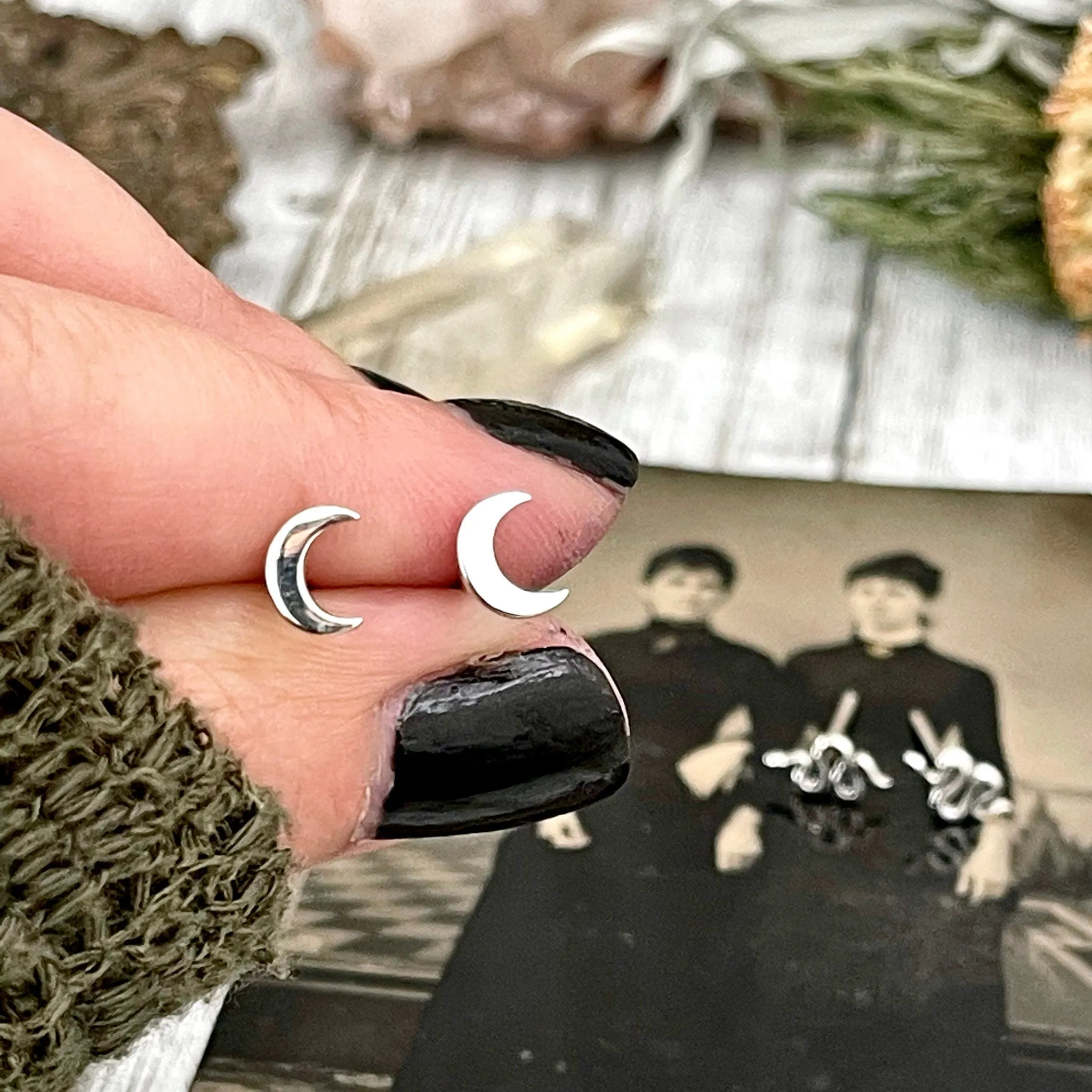 Tiny Crescent Moon and Snake Stud Earring Set /