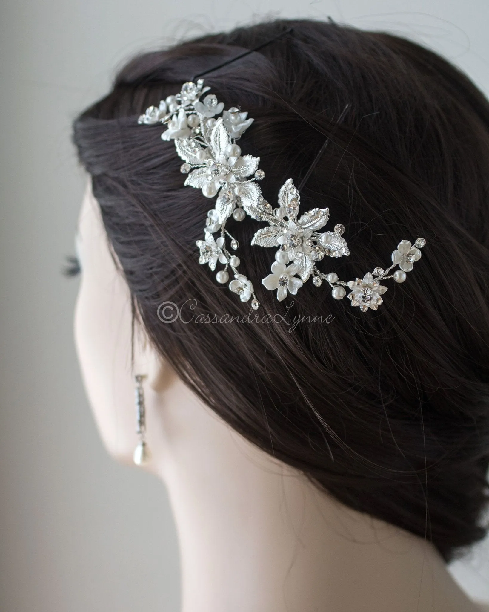 Wedding Hair Clip of Leaves and Porcelain Flowers