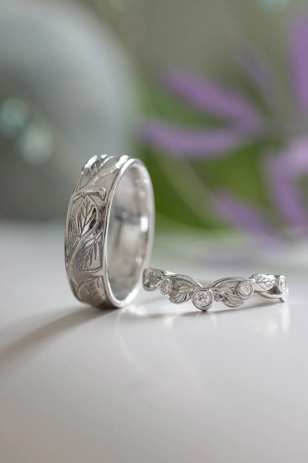 Wedding rings set for couples: leaves band for him, wreath band for her