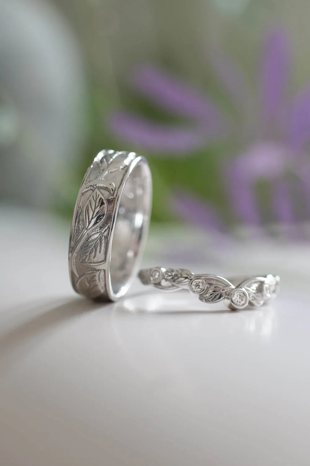 Wedding rings set for couples: leaves band for him, wreath band for her