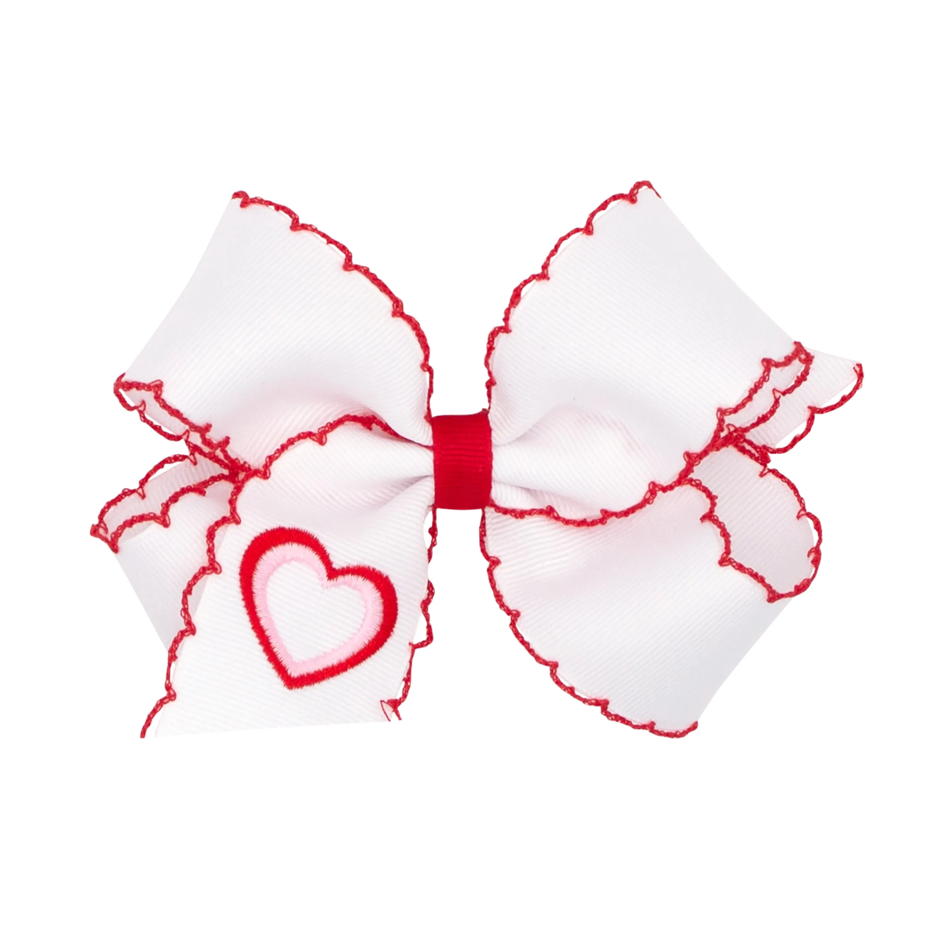 White with Heart Embroidered Red Moon Stitch Hair Bow on Clippie