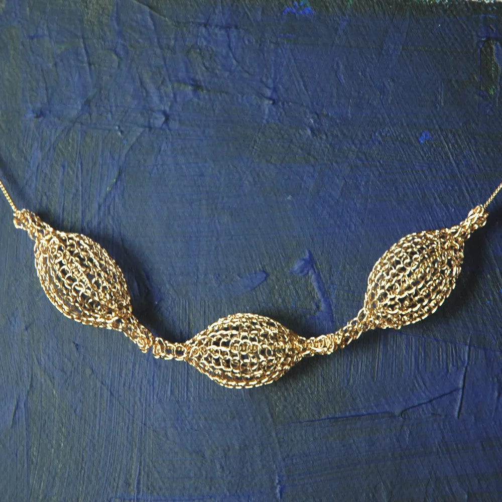 Wire crochet necklace - 3 Crocheted gold filled Bubble pod necklace , unique handmade wire crochet jewelry