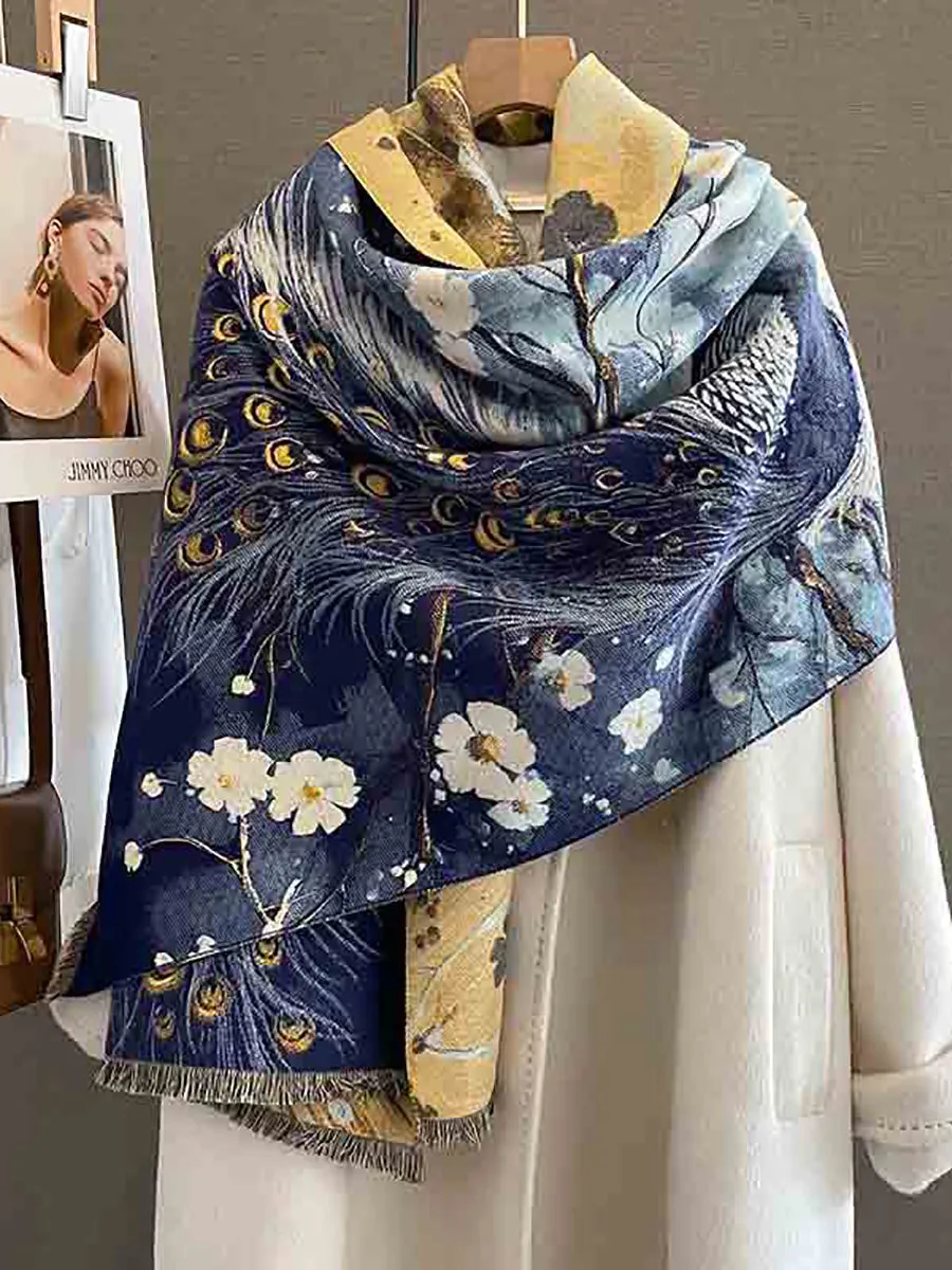 Women Vintage Flower Peacock Tassel Scarf