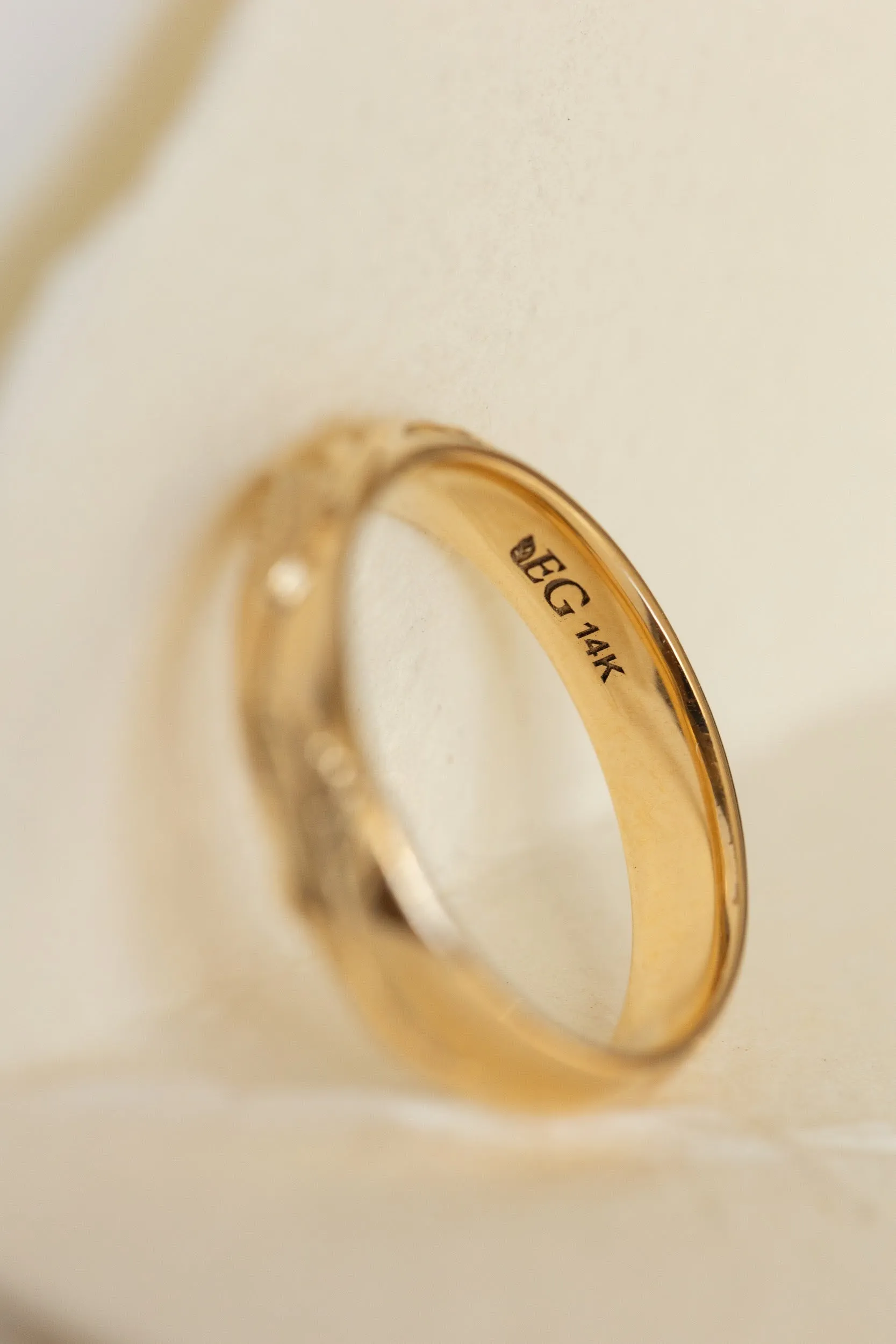 Yellow gold nature inspired wedding band, comfort fit ring for him