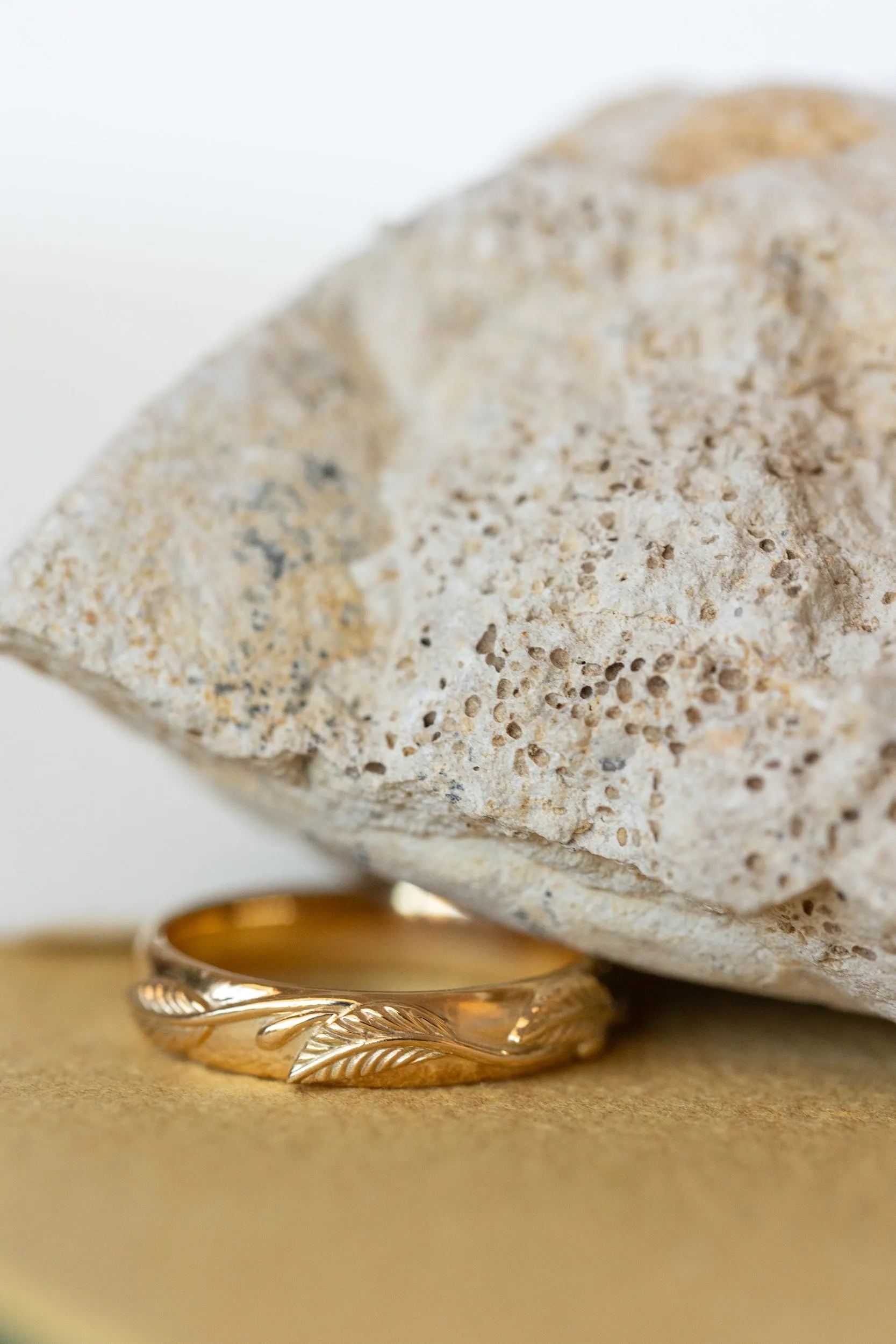 Yellow gold nature inspired wedding band, comfort fit ring for him