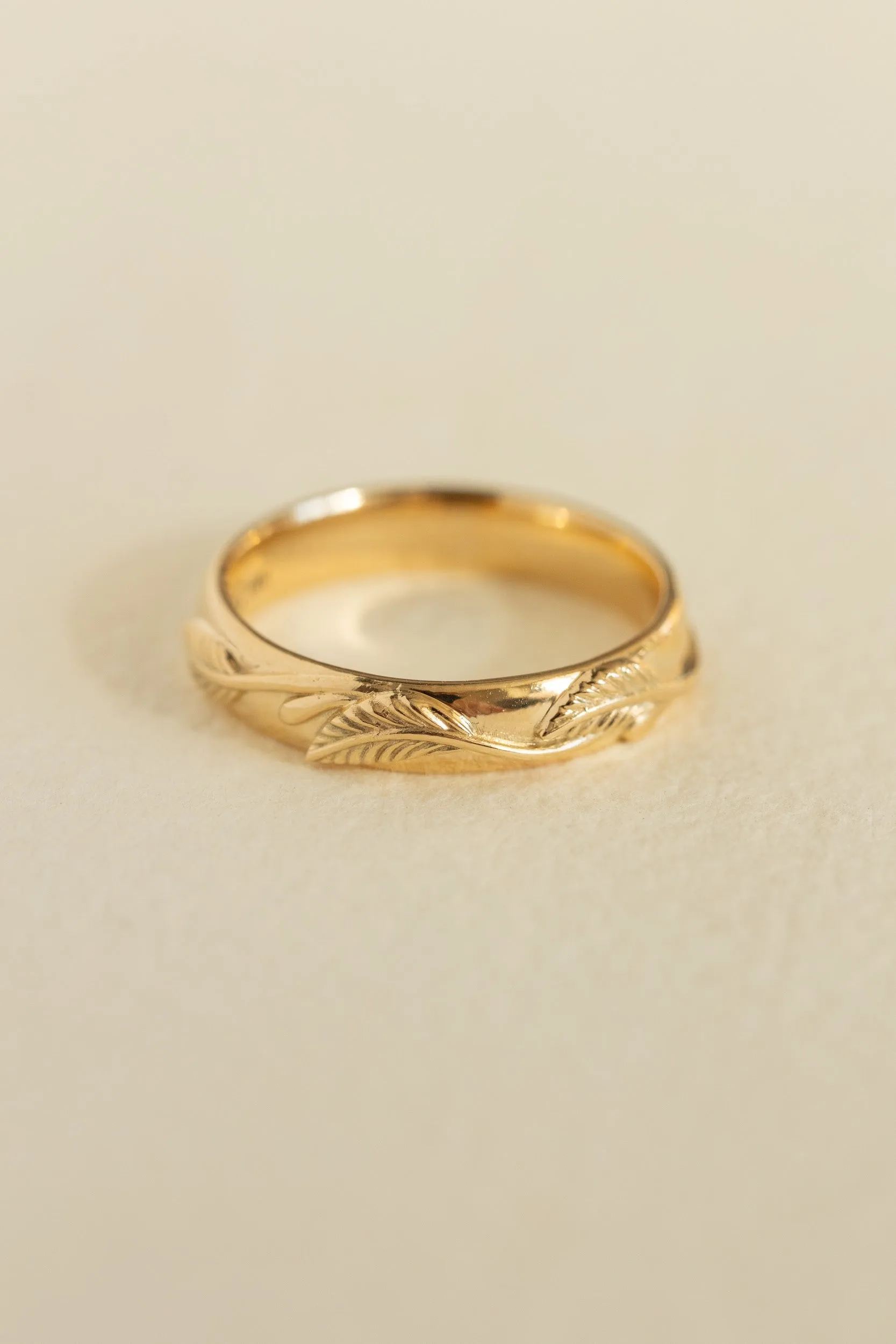 Yellow gold nature inspired wedding band, comfort fit ring for him