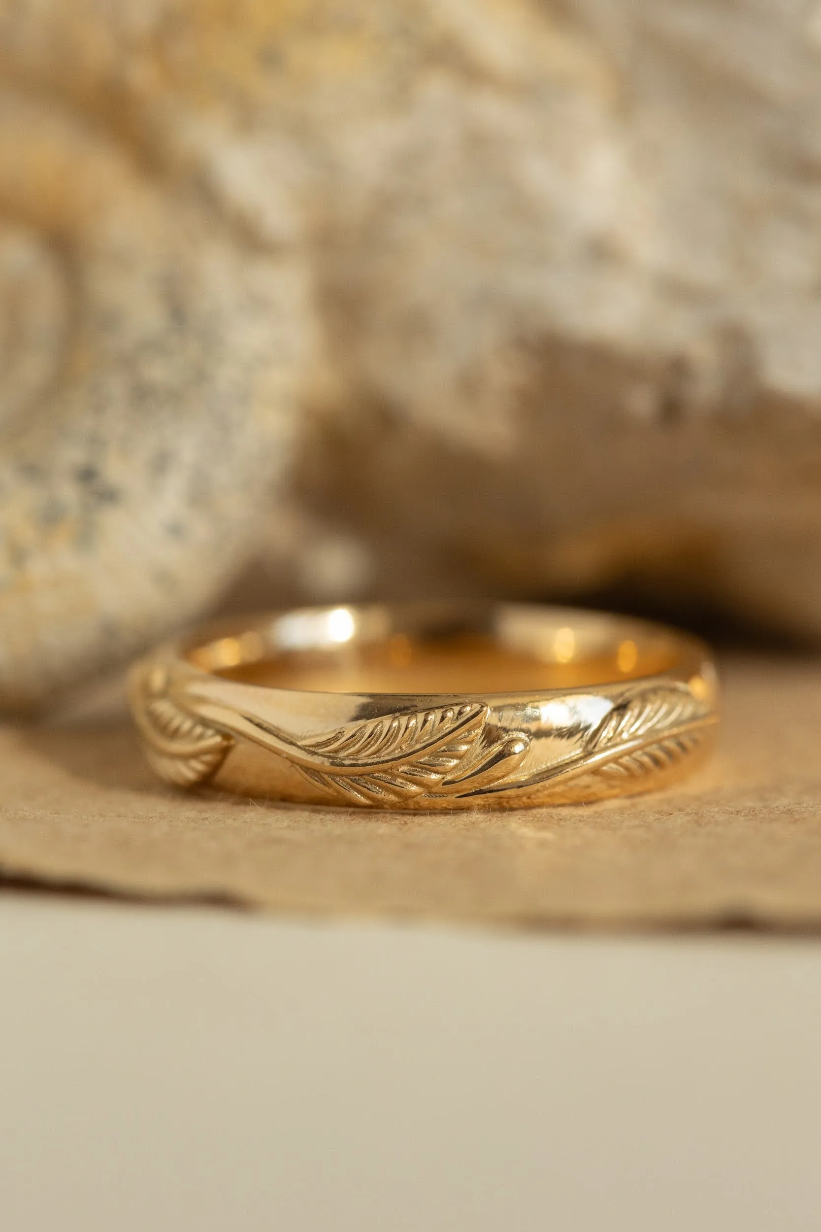 Yellow gold nature inspired wedding band, comfort fit ring for him