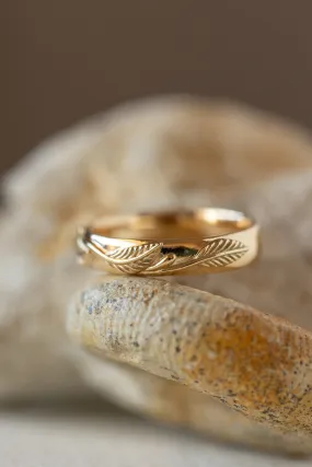 Yellow gold nature inspired wedding band, comfort fit ring for him